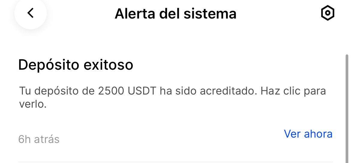 Alerta de depósito exitoso de 2500 USDT