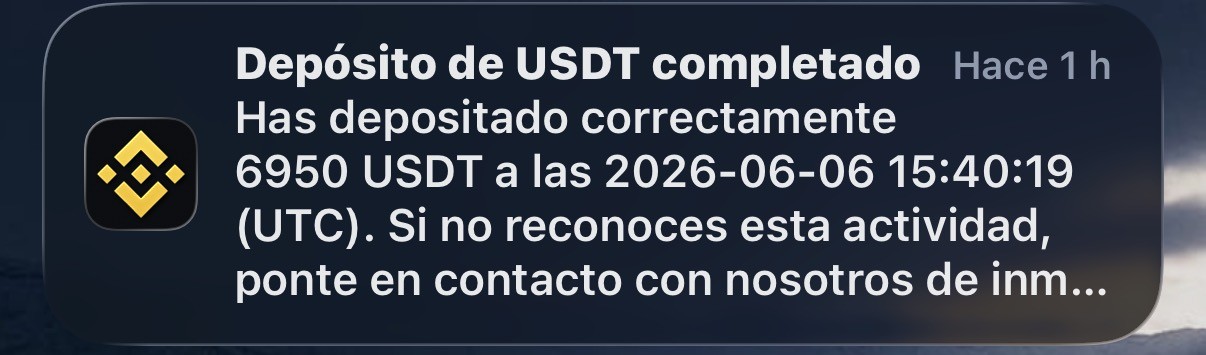 Notificación de depósito de 6950 USDT